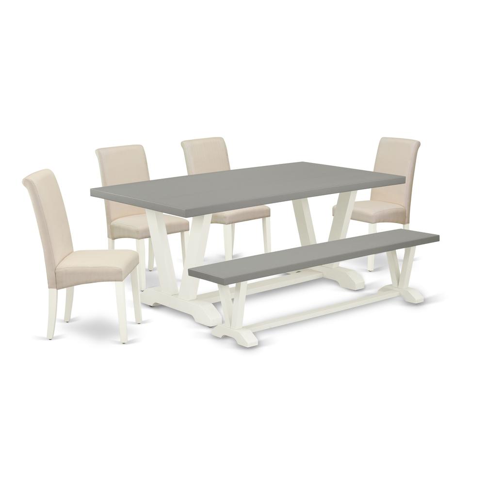 East West Furniture V097BA201-6 6-Piece Awesome Dinette Set an Excellent Cement Color Wood Table Top and Cement Color Dining Room Bench and 4 Amazing Linen Fabric Parson Chairs with High Roll Chair Ba. Picture 1