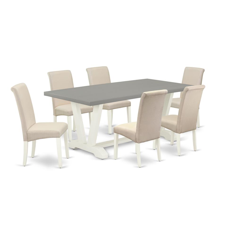 East West Furniture V097BA201-7 7-Piece Fashionable Rectangular Table Set an Outstanding Cement Color rectangular Table Top and 6 Gorgeous Linen Fabric Kitchen Chairs with High Roll Chair Back, Linen. Picture 1