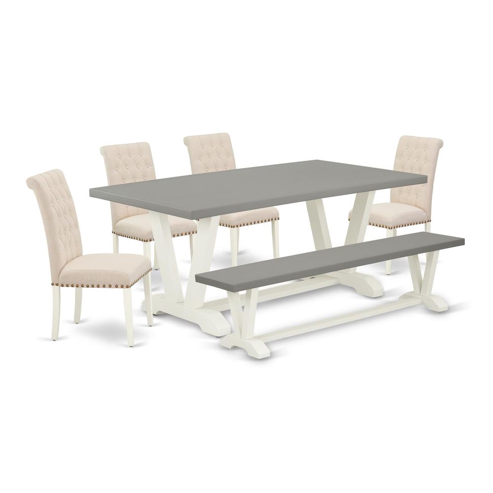 East West Furniture V097BR202-6 6-Piece Beautiful Dinette Set a Great Cement Color Kitchen Table Top and Cement Color Kitchen Bench and 4 Beautiful Linen Fabric Padded Chairs with Nail Heads and Butto. Picture 1