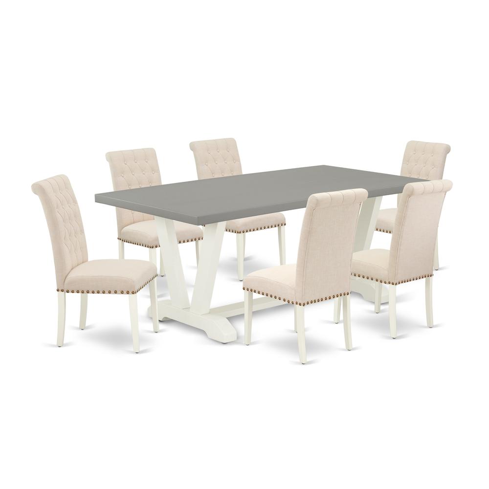 East West Furniture V097BR202-7 7-Piece Amazing Dining Set a Good Cement Color dining table Top and 6 Gorgeous Linen Fabric Padded Parson Chairs with Nail Heads and Button Tufted Chair Back, Linen Whi. Picture 1