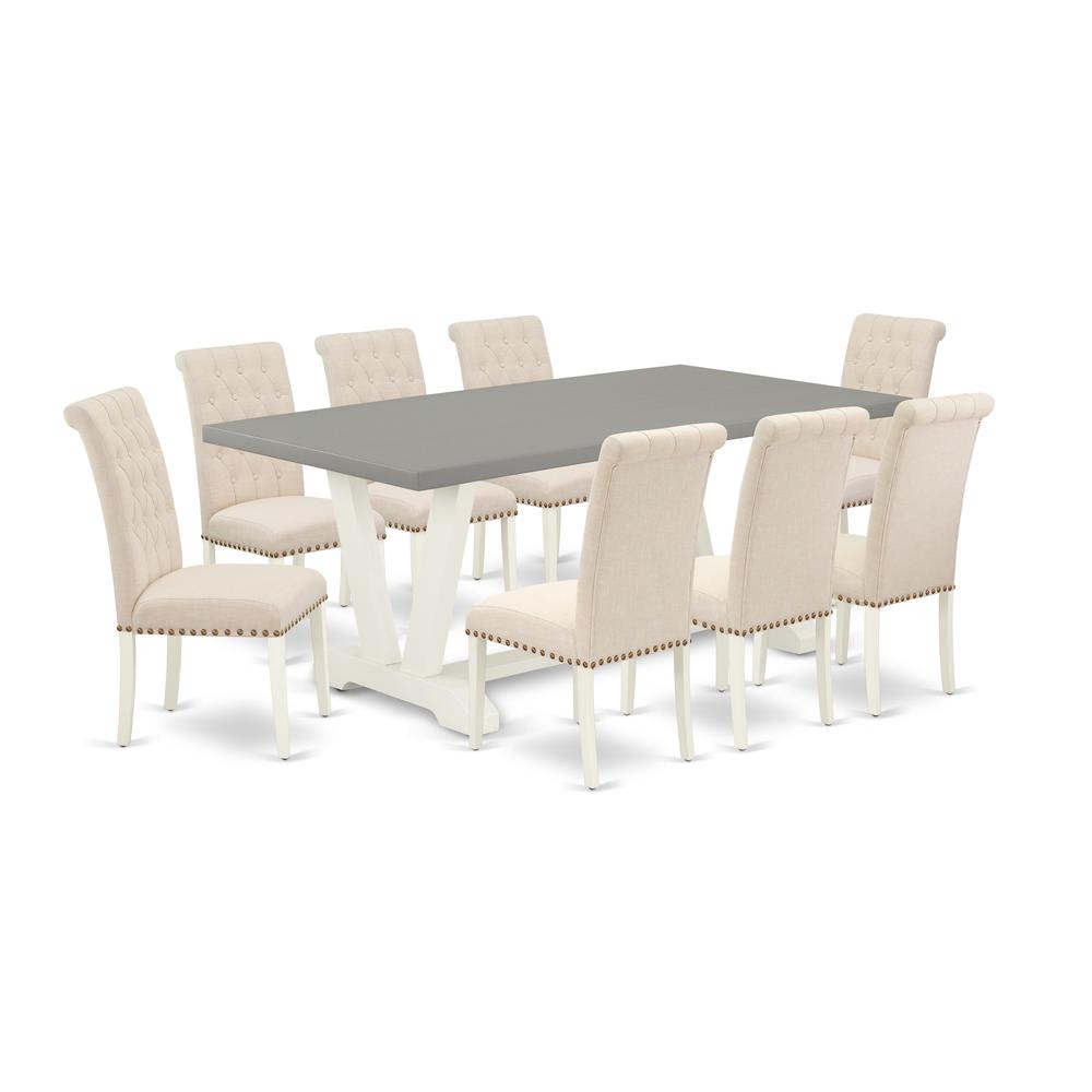 East West Furniture V097BR202-9 9-Piece Awesome Dinette Set a Superb Cement Color Kitchen Rectangular Table Top and 8 Attractive Linen Fabric Padded Parson Chairs with Nail Heads and Button Tufted Cha. The main picture.