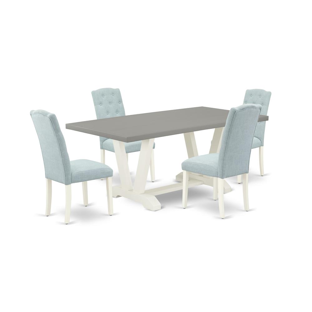 East West Furniture 5-Piece Modern Dining Table Set- 4 Parson Dining Room Chairs with Baby Blue Linen Fabric Seat and Button Tufted Chair Back - Rectangular Table Top & Wooden Legs - Cement and Linen. Picture 1