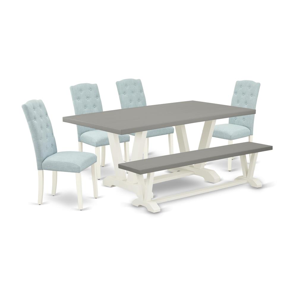 East West Furniture 6-Piece Dining Room Table Set- 4 Parson Dining Chairs with Baby Blue Linen Fabric Seat and Button Tufted Chair Back - Rectangular Top & Wooden Legs Dining Table and Wooden Bench -. Picture 1