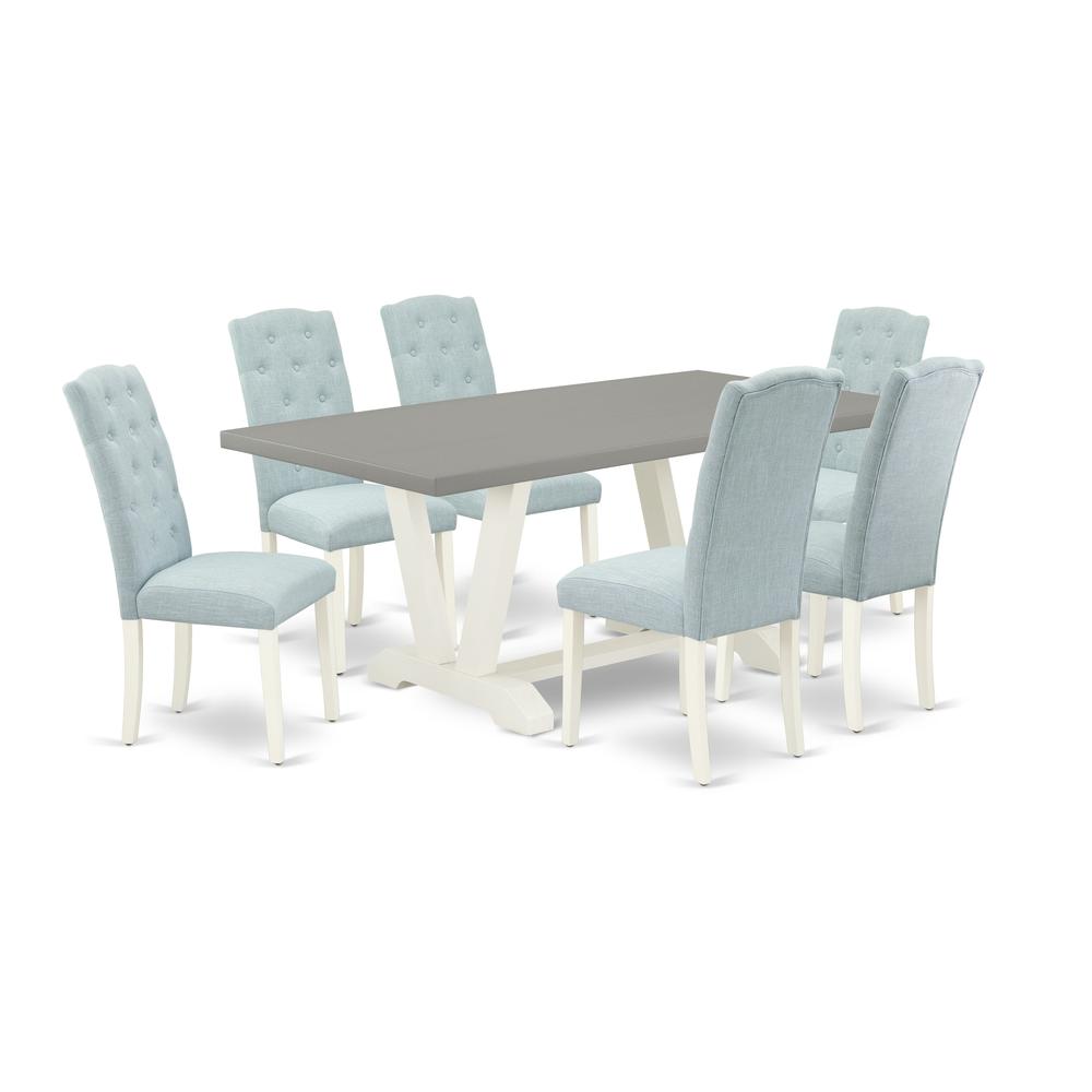 East West Furniture 7-Piece Dining Room Table Set- 6 Parson Dining Chairs with Baby Blue Linen Fabric Seat and Button Tufted Chair Back - Rectangular Table Top & Wooden Legs - Cement and Linen White F. Picture 1