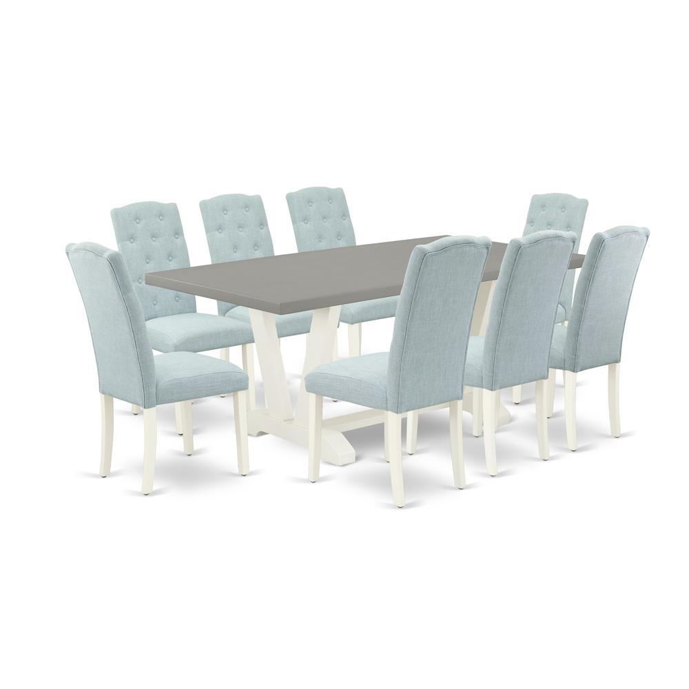 East West Furniture 9-Piece Dining Room Table Set- 8 Kitchen Parson Chairs with Baby Blue Linen Fabric Seat and Button Tufted Chair Back - Rectangular Table Top & Wooden Legs - Cement and Linen White. Picture 1