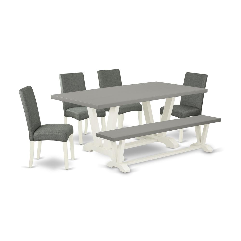 East West Furniture V097DR207-6 6-Pc Dining Room Set - 4 Dining Chairs, a Modern Bench Cement Top and 1 Modern Cement Dining Room Table Top with High Chair Back - Linen White Finish. Picture 1