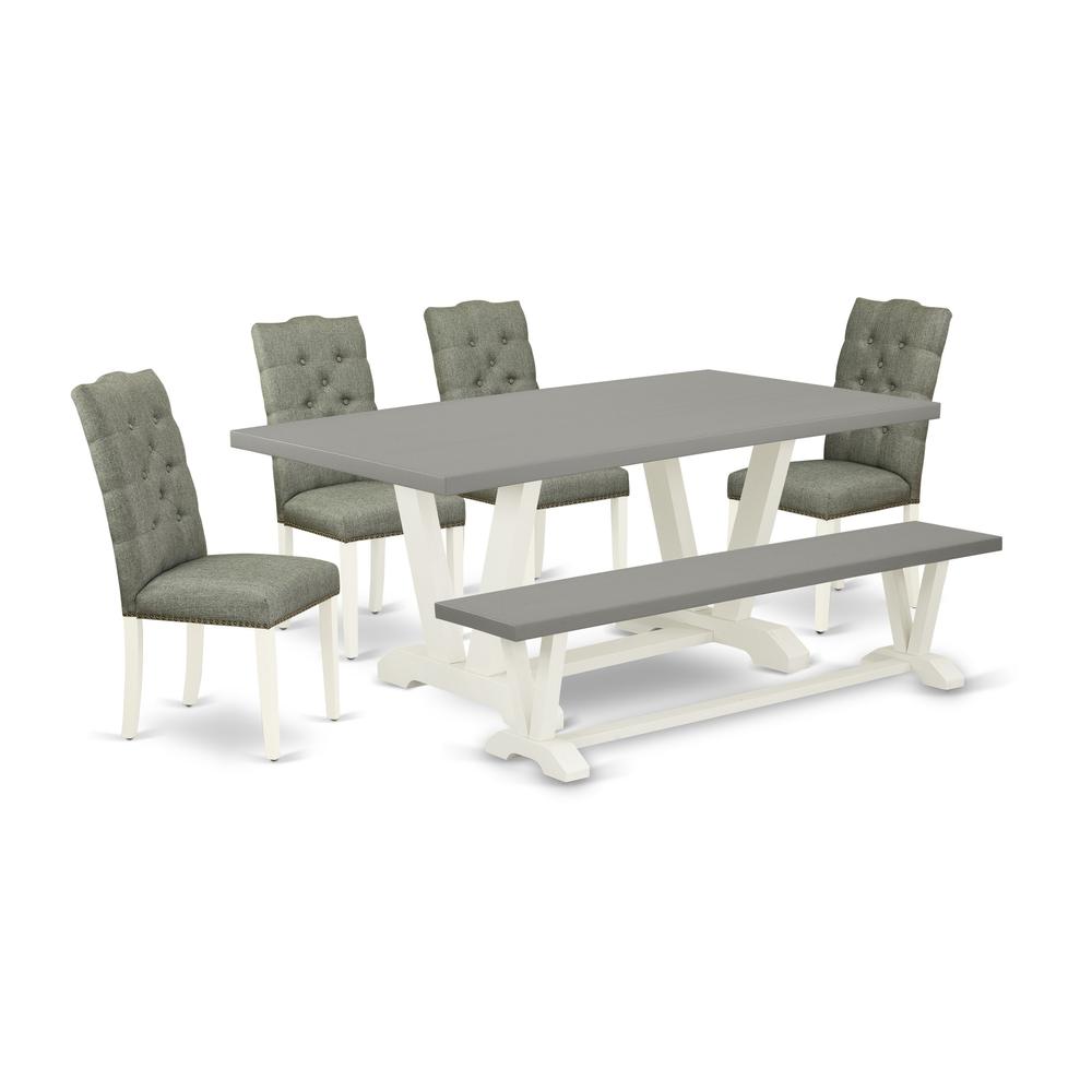 East West Furniture 6-Pc Dining Table Set- 4 Padded Parson Chairs with Smoke Linen Fabric Seat and Button Tufted Chair Back - Rectangular Top & Wooden Legs Wood Dining Table and Small Bench - Cement a. Picture 1