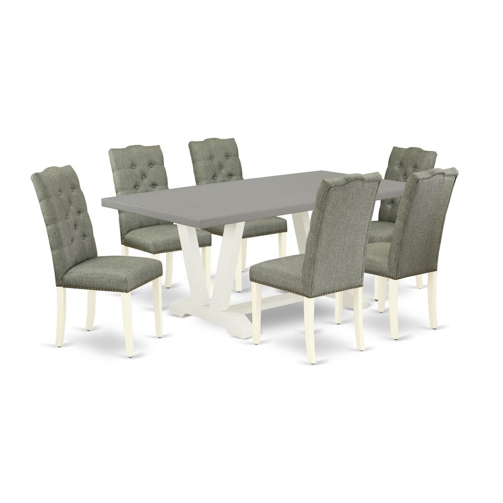 East West Furniture 7-Piece Dinette Set- 6 Parson Dining Chairs with Smoke Linen Fabric Seat and Button Tufted Chair Back - Rectangular Table Top & Wooden Legs - Cement and Linen White Finish. Picture 1