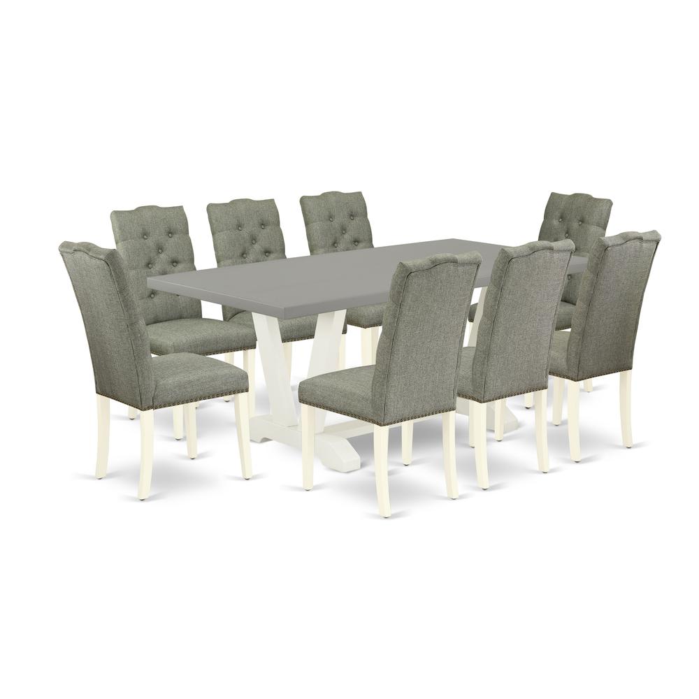 East West Furniture 9-Pc Dinette Set- 8 Mid Century Dining Chairs with Smoke Linen Fabric Seat and Button Tufted Chair Back - Rectangular Table Top & Wooden Legs - Cement and Linen White Finish. Picture 1