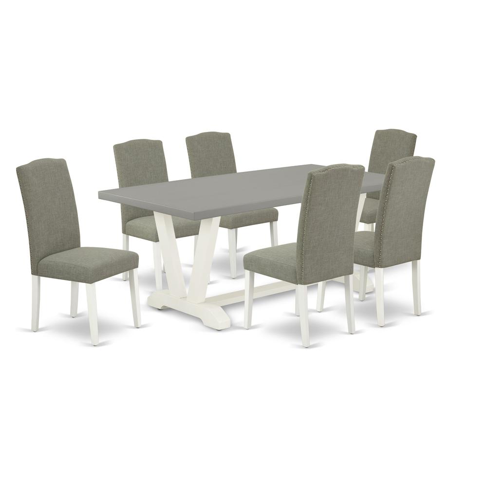 East West Furniture 7-Piece Fashionable Modern Dining Table Set a Great Cement Color Wood Dining Table Top and 6 Stunning Linen Fabric Dining Chairs with Nail Heads and Stylish Chair Back, Linen White. Picture 1