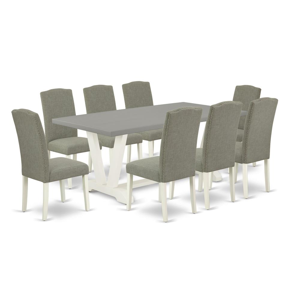 East West Furniture 9-Piece Fashionable Dining Set a Great Cement Color Dining Room Table Top and 8 Awesome Linen Fabric Dining Chairs with Nail Heads and Stylish Chair Back, Linen White Finish. Picture 1