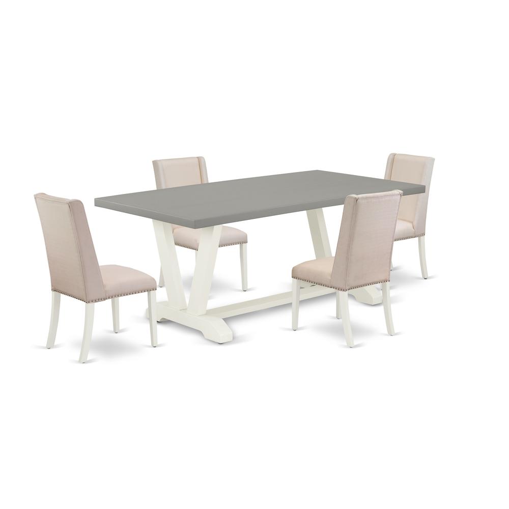 East West Furniture V097FL201-5 5-Piece Awesome Dining Set an Excellent Cement Color Kitchen Table Top and 4 Lovely Linen Fabric Parson Dining Room Chairs with Nails Head and Stylish Chair Back, Linen. Picture 1