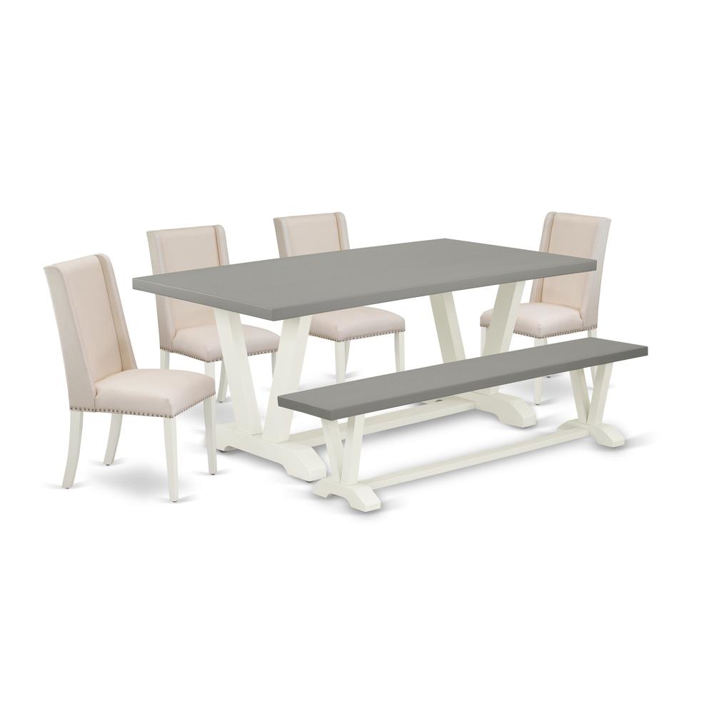 East West Furniture V097FL201-6 6-Piece Stylish Dining Table Set a Superb Cement Color Wood Dining Table Top and Cement Color Dining Room Bench and 4 Attractive Linen Fabric Dining Chairs with Nail He. Picture 1