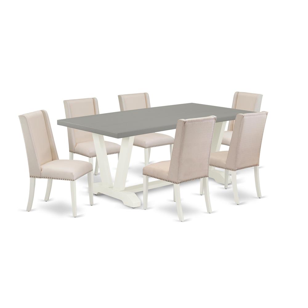 East West Furniture V097FL201-7 7-Piece Gorgeous Dining Room Set a Superb Cement Color Modern Dining Table Top and 6 Excellent Linen Fabric Kitchen Parson Chairs with Stylish Chair Back, Linen White F. Picture 1