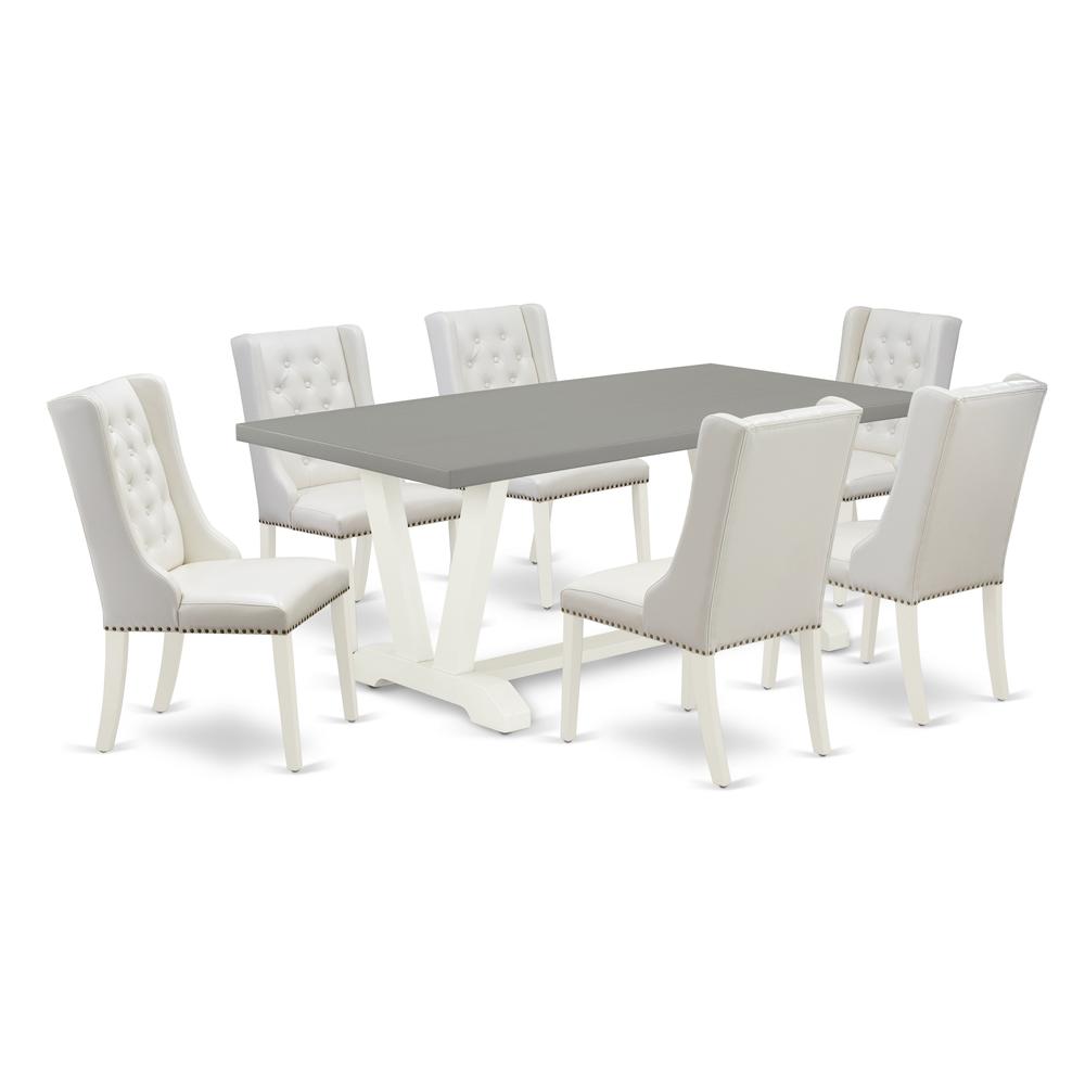 East West Furniture V097FO244-7 7-Pc Dining Room Set Consists of 6 White Pu Leather Mid Century Dining Chairs Button Tufted with Nail heads and Dining Table - Linen White Finish. Picture 1