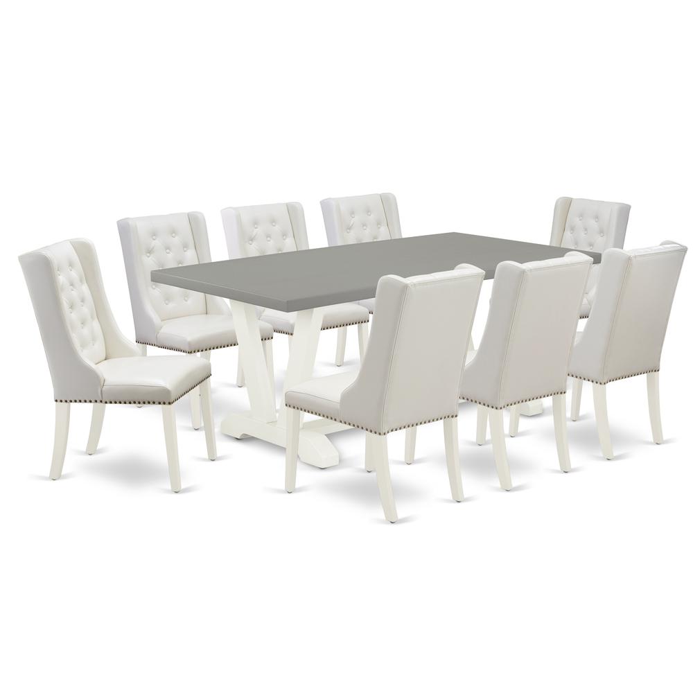 East West Furniture V097FO244-9 9-Pc Dining Table Set Includes 8 White Pu Leather Dining Chair Button Tufted with Nail heads and Rectangular Dining Table - Linen White Finish. Picture 1