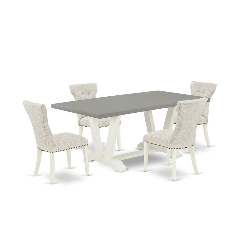 East West Furniture 5-Piece Dining Room Set- 4 Upholstered Dining Chairs with Doeskin Linen Fabric Seat and Button Tufted Chair Back - Rectangular Table Top & Wooden Legs - Cement and Linen White Fini. Picture 1