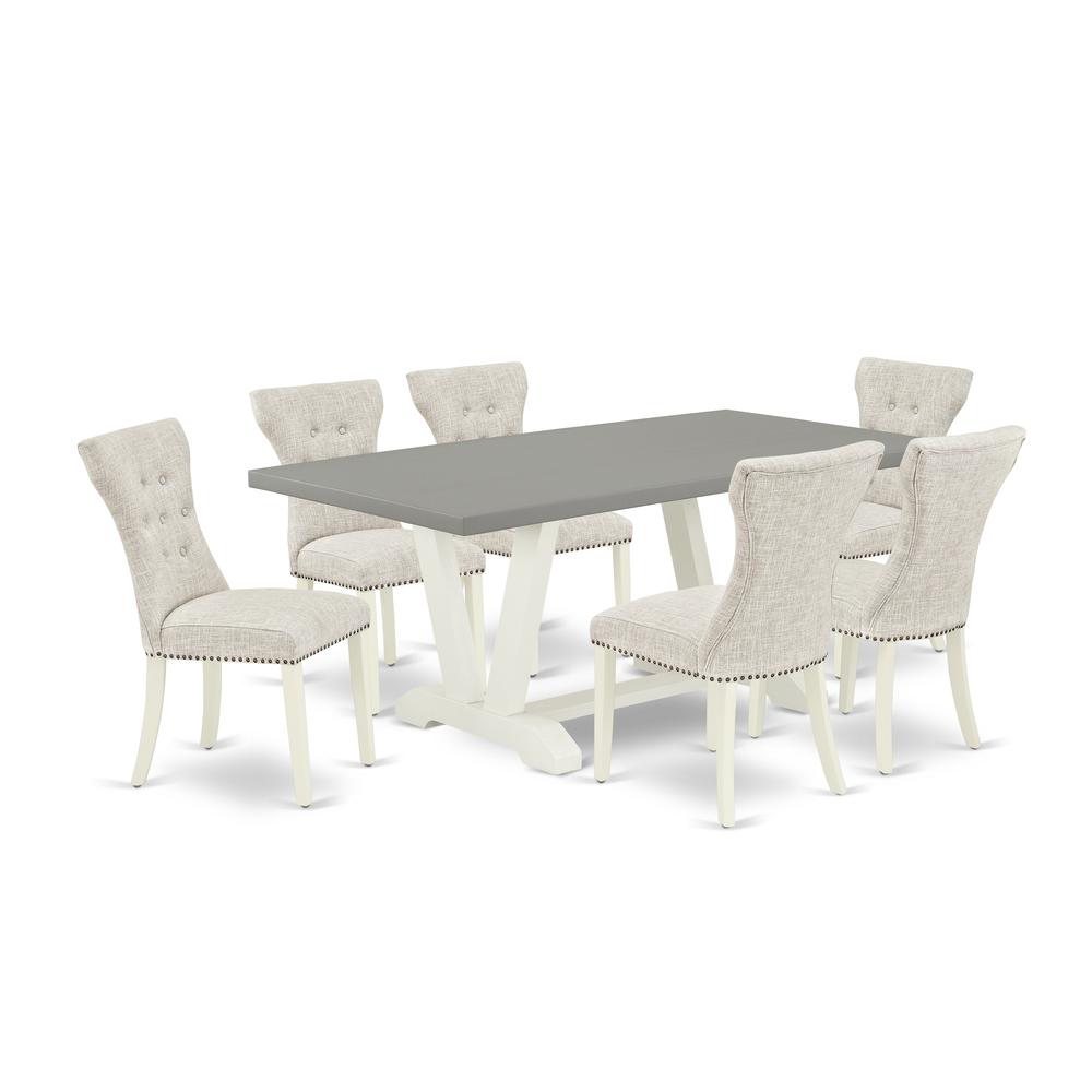 East West Furniture 7-Piece Dining Room Set- 6 Mid Century Dining Chairs with Doeskin Linen Fabric Seat and Button Tufted Chair Back - Rectangular Table Top & Wooden Legs - Cement and Linen White Fini. Picture 1