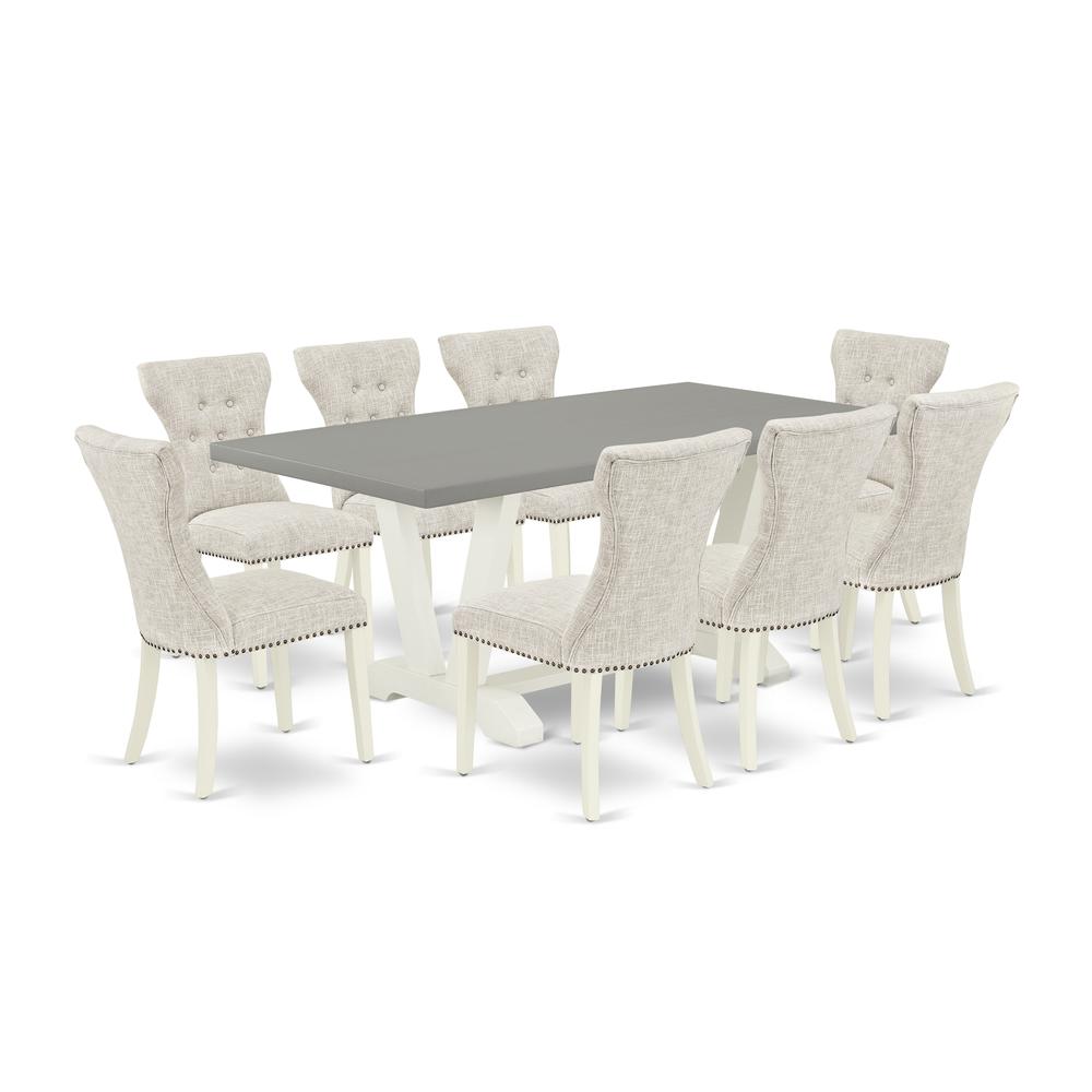 East West Furniture 9-Pc Dining Table Set- 8 Kitchen Parson Chairs with Doeskin Linen Fabric Seat and Button Tufted Chair Back - Rectangular Table Top & Wooden Legs - Cement and Linen White Finish. Picture 1