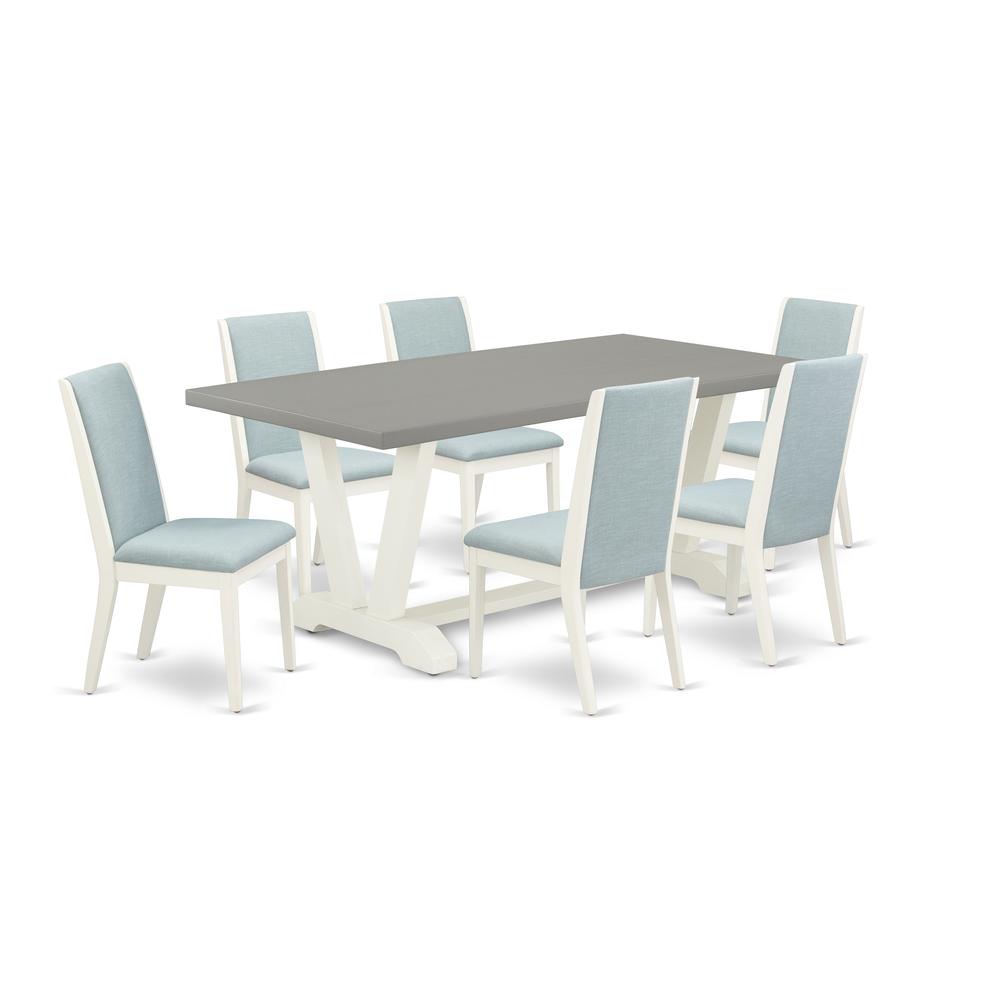 East West Furniture V097LA015-7 7-Piece Modern Dinette Set a Good Cement Color Dining Table Top and 6 Gorgeous Linen Fabric Parson Dining Room Chairs with Stylish Chair Back, Linen White Finish. Picture 1
