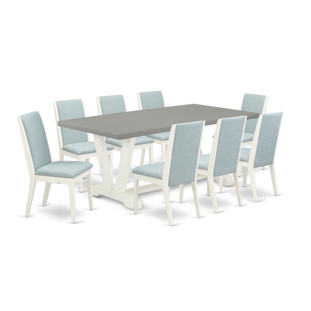 East West Furniture V097LA015-9 9-Piece Stylish Dinette Set a Superb Cement Color dining table Top and 8 Beautiful Linen Fabric Parson Chairs with Stylish Chair Back, Linen White Finish. Picture 1