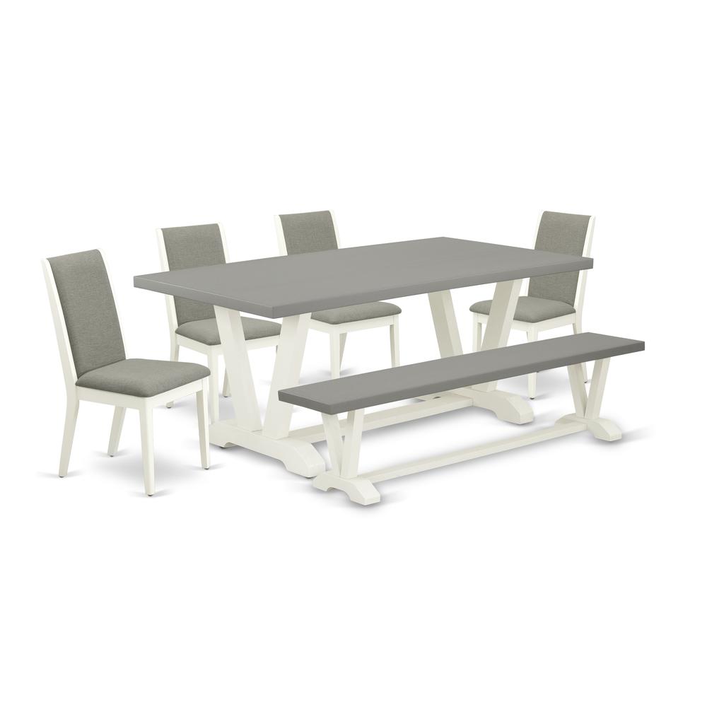 East West Furniture V097LA206-6 6-Piece Awesome Modern Dining Table Set a Good Cement Color Modern Dining Table Top and Cement Color Indoor Bench and 4 Attractive Linen Fabric Kitchen Chairs with Styl. Picture 1