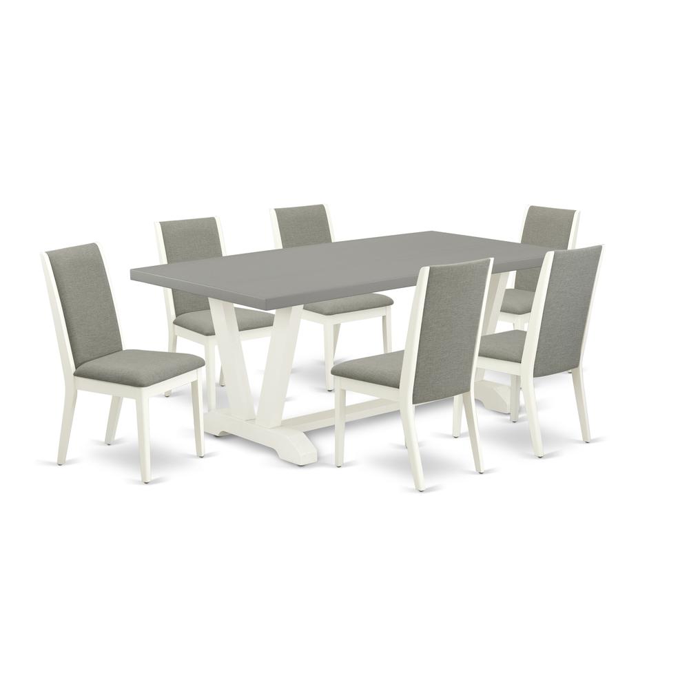 East West Furniture V097LA206-7 7-Piece Gorgeous Dinette Set an Outstanding Cement Color rectangular Table Top and 6 Excellent Linen Fabric Solid Wood Leg Chairs with Stylish Chair Back, Linen White F. Picture 1