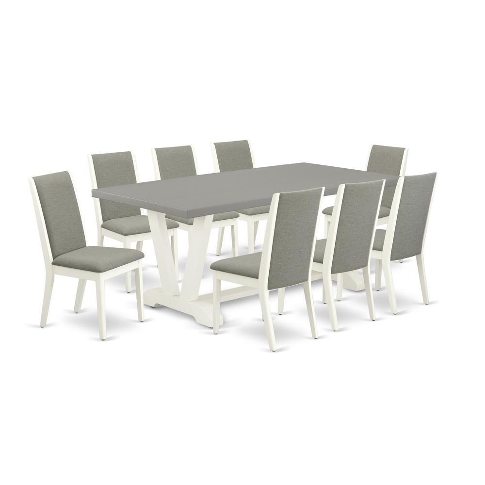East West Furniture V097LA206-9 9-Piece Amazing Dinette Set a Great Cement Color Modern Dining Table Top and 8 Lovely Linen Fabric Parson Chairs with Stylish Chair Back, Linen White Finish. Picture 1