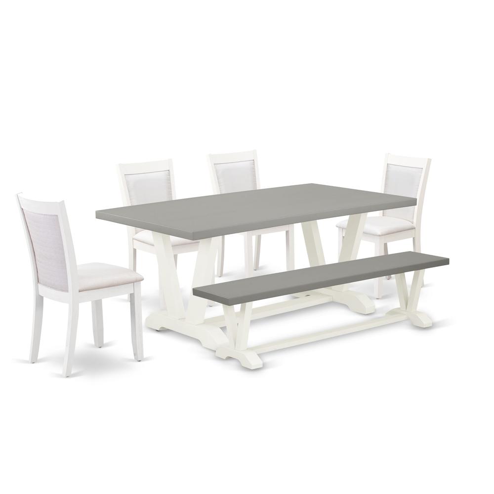 East West Furniture 6-Pc Dinette Set Consists of a Wooden Table - 4 Cream Linen Fabric Parson Chairs with Stylish Back and a Wooden Bench - Wire Brushed Linen White Finish. Picture 2