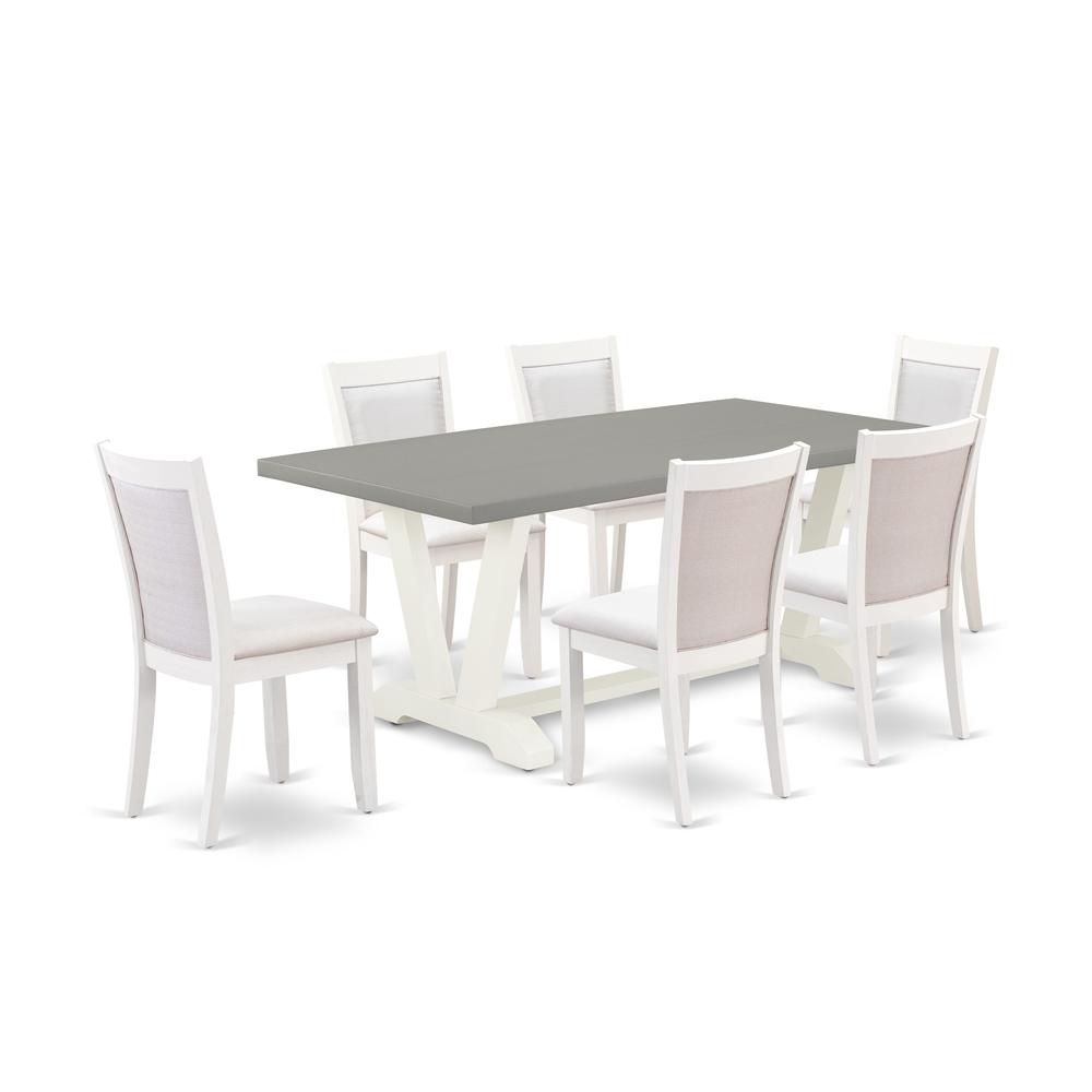 East West Furniture 7-Pc Dining Set Consists of a Dining Room Table and 6 Cream Linen Fabric Dining Room Chairs with Stylish Back - Wire Brushed Linen White Finish. Picture 2