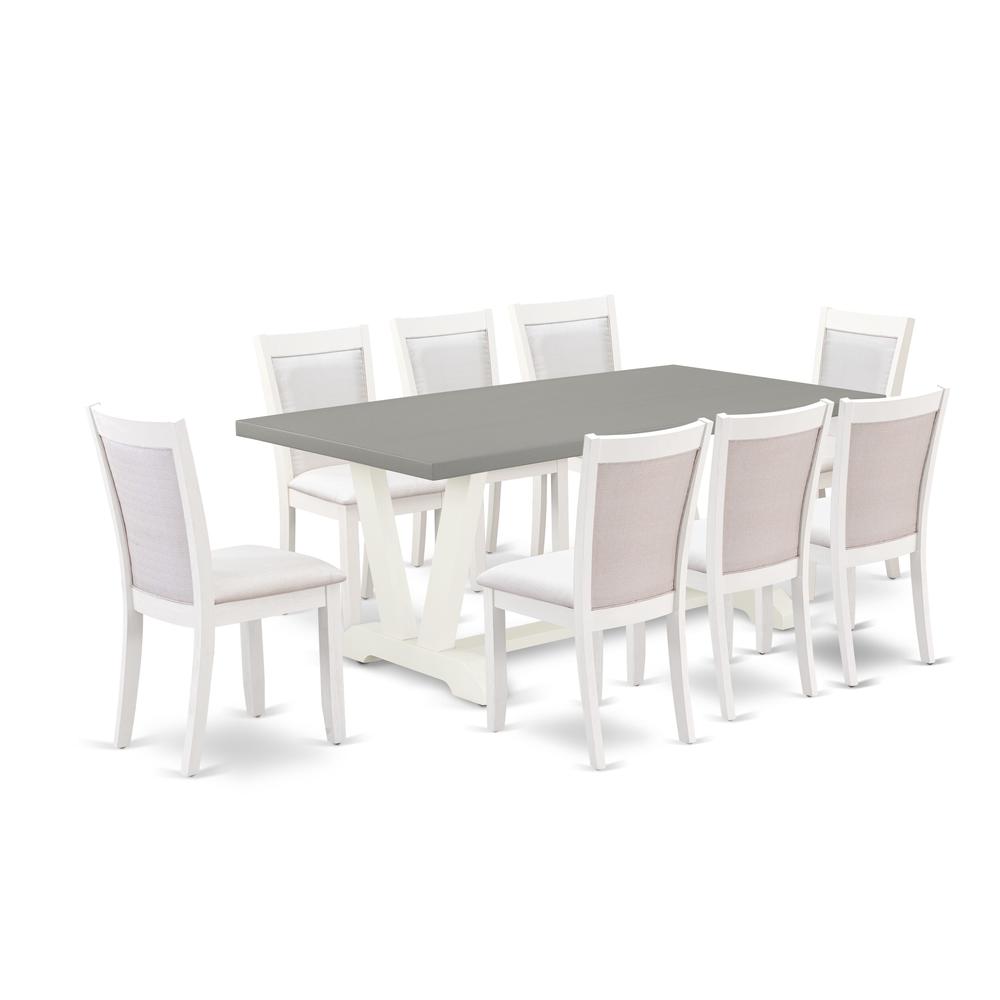 East West Furniture 9-Pc Modern Dining Table Set Consists of a Rectangular Table and 8 Cream Linen Fabric Dining Room Chairs with Stylish Back - Wire Brushed Linen White Finish. Picture 2