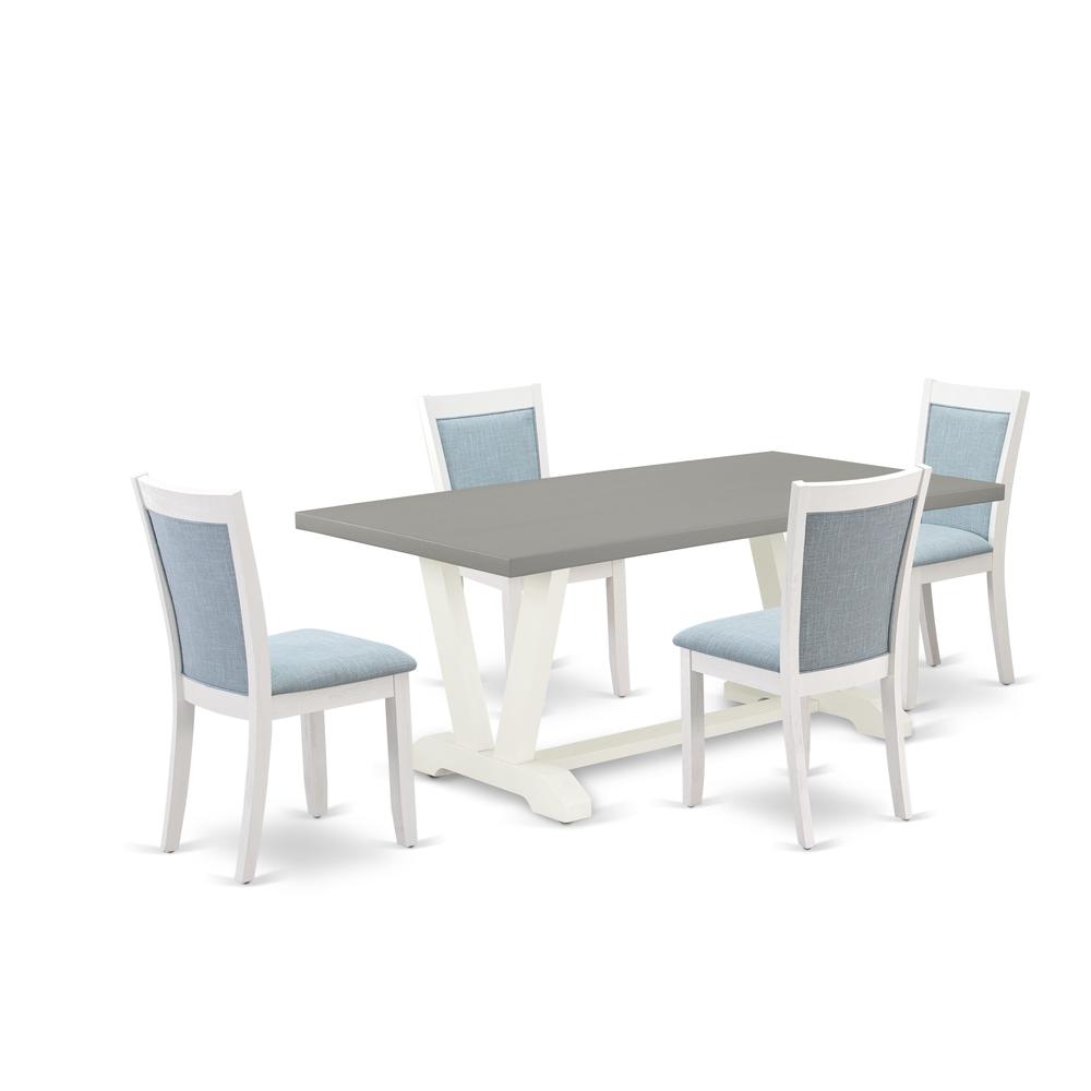 East West Furniture 5-Pc Dinner Dining Room Table Set Consists of a Wood Dining Table and 4 Baby Blue Linen Fabric Dining Room Chairs with Stylish Back - Wire Brushed Linen White Finish. Picture 2