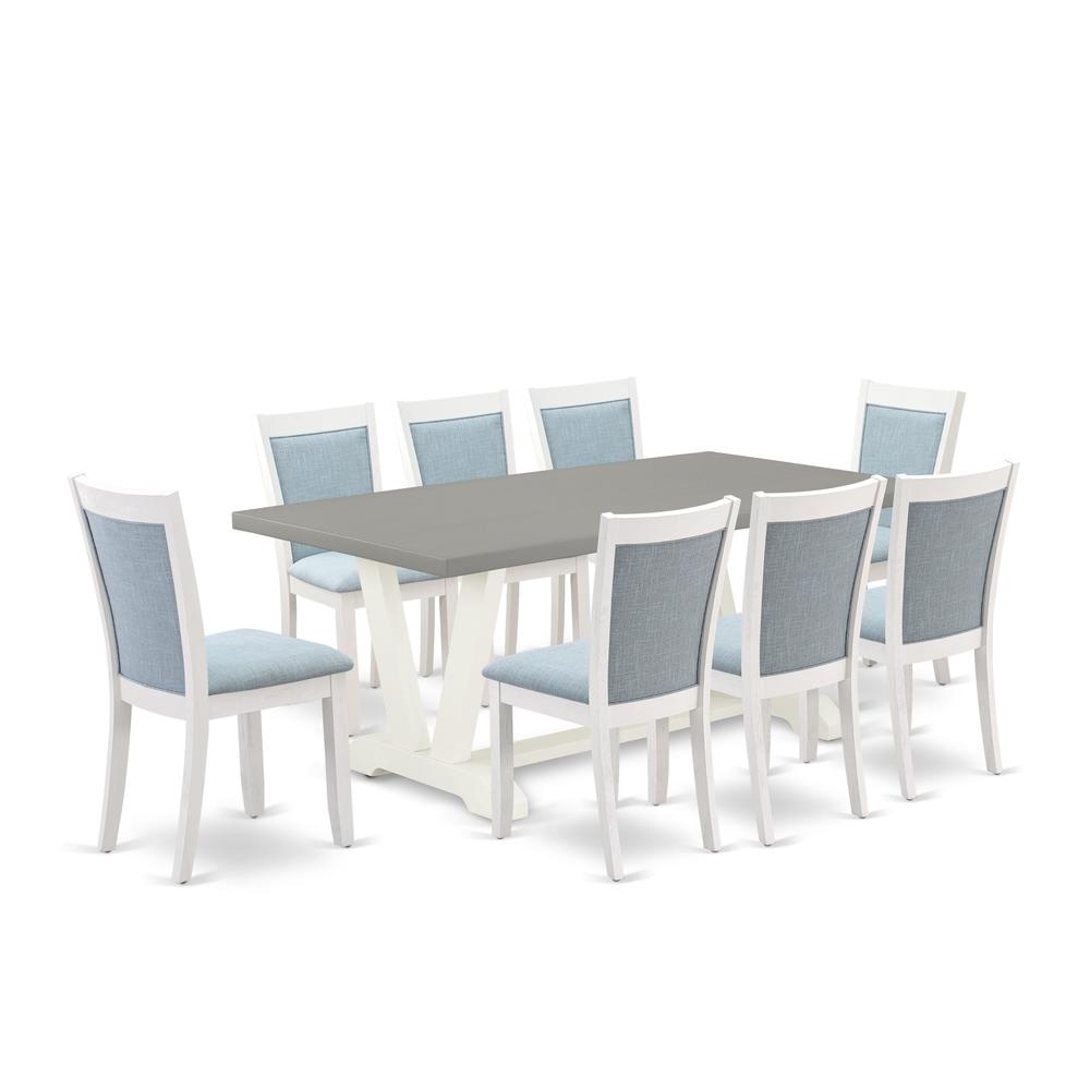 East West Furniture 9-Pc Kitchen Table Set Consists of a Dining Table and 8 Baby Blue Linen Fabric Dining Room Chairs with Stylish Back - Wire Brushed Linen White Finish. Picture 2