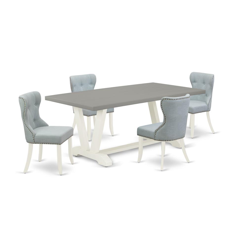 East West Furniture V097SI215-5 5-Pc Kitchen Dining Set- 4 Dining Padded Chairs with Baby Blue Linen Fabric Seat and Button Tufted Chair Back - Rectangular Table Top & Wooden Legs - Cement and Linen W. Picture 1