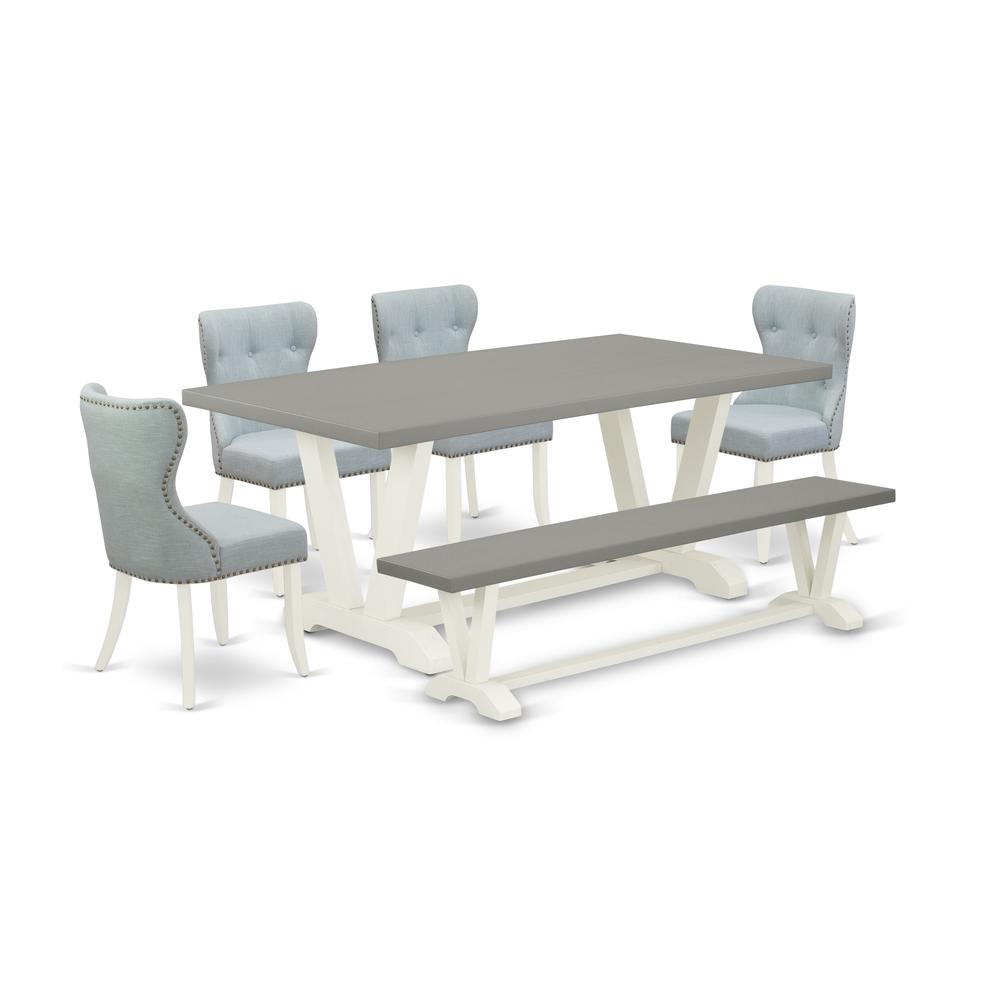 East West Furniture V097SI215-6 6-Piece Dining Table Set- 4 Mid Century Dining Chairs with Baby Blue Linen Fabric Seat and Button Tufted Chair Back - Rectangular Top & Wooden Legs Dining Table and Ind. Picture 1