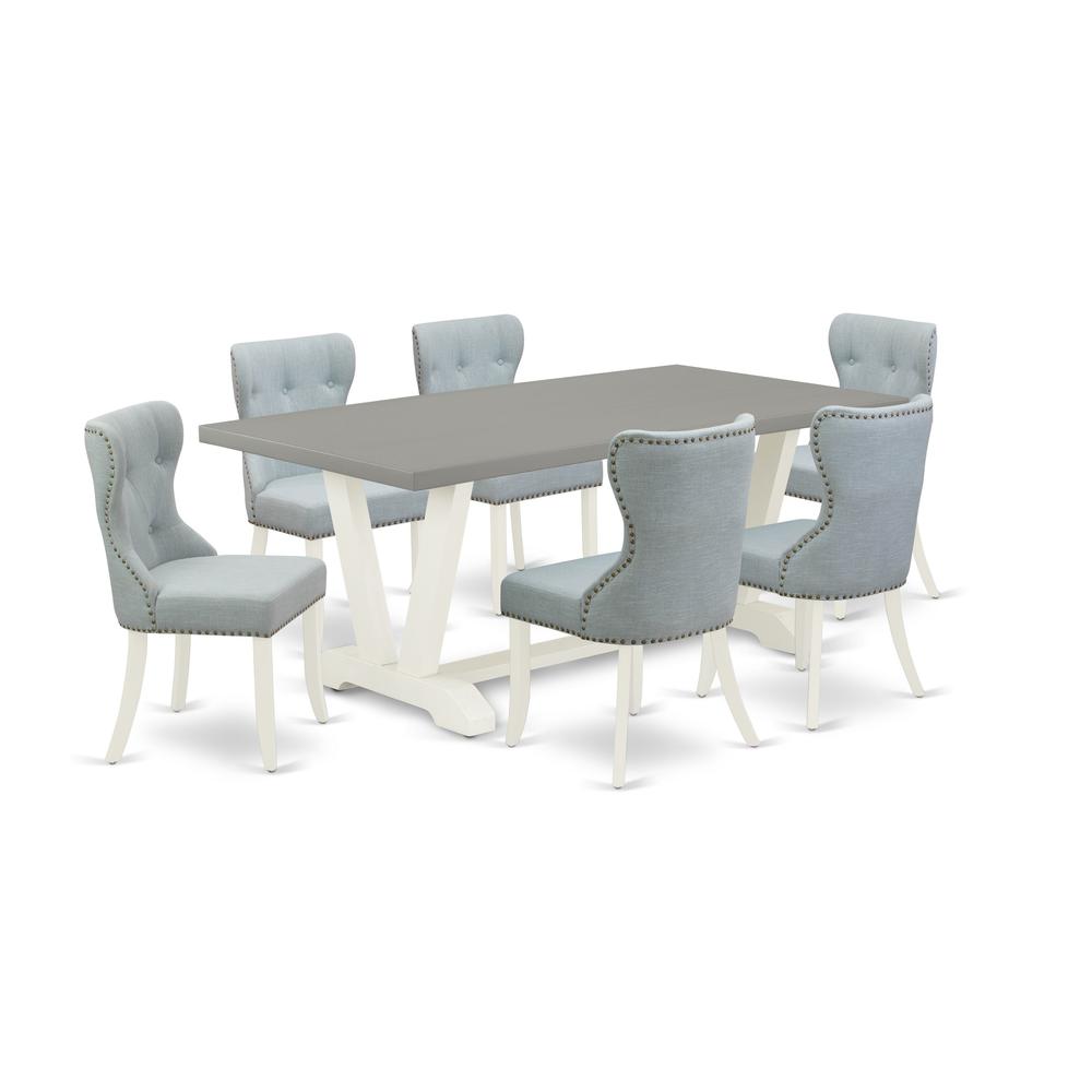 East West Furniture V097SI215-7 7-Pc Dining Table Set- 6 Mid Century Dining Chairs with Baby Blue Linen Fabric Seat and Button Tufted Chair Back - Rectangular Table Top & Wooden Legs - Cement and Line. Picture 1