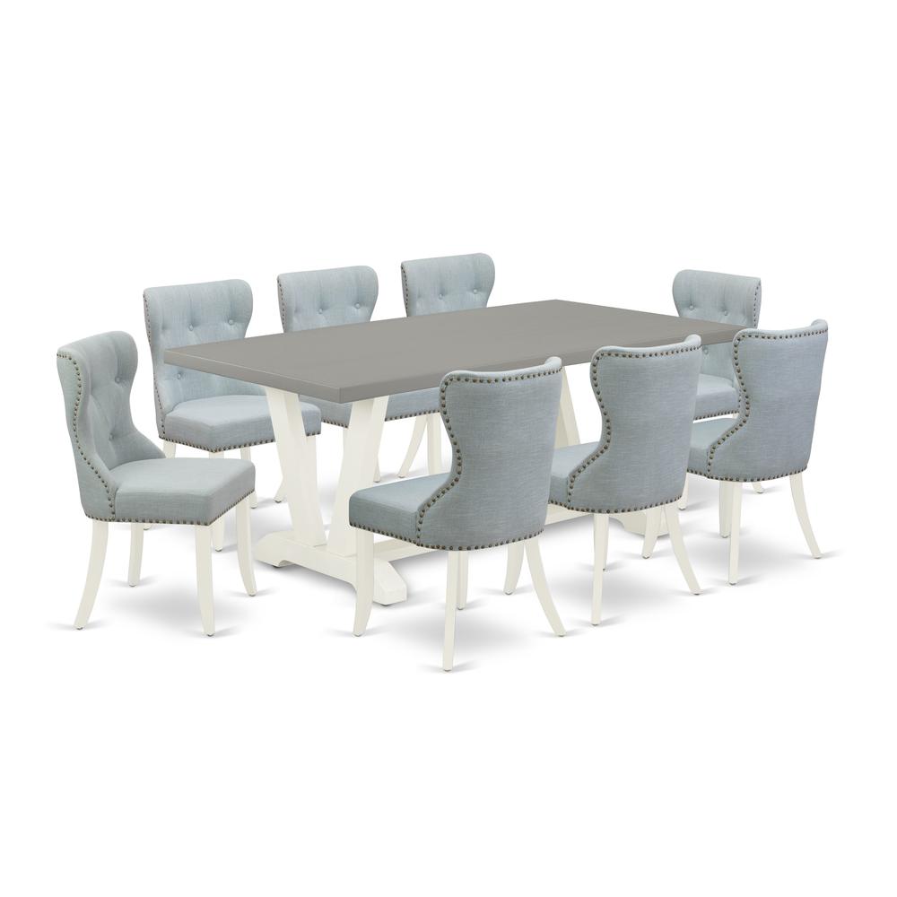 East West Furniture V097SI215-9 9-Pc Dining Table Set- 8 Dining Chairs with Baby Blue Linen Fabric Seat and Button Tufted Chair Back - Rectangular Table Top & Wooden Legs - Cement and Linen White Fini. Picture 1