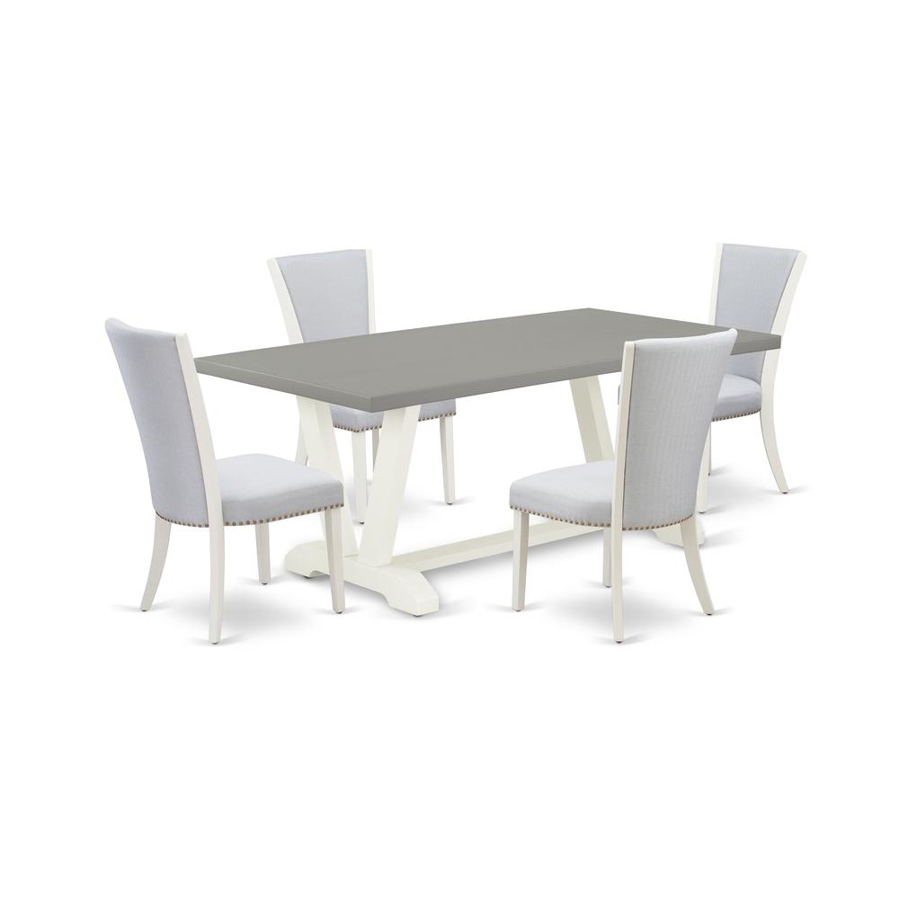 East West Furniture 5-Pc Dining Table Set Includes 4 Dining Chairs with Upholstered Seat and Stylish Back-Rectangular Wood Dining Table - Cement and Wirebrushed Linen White Finish. Picture 1