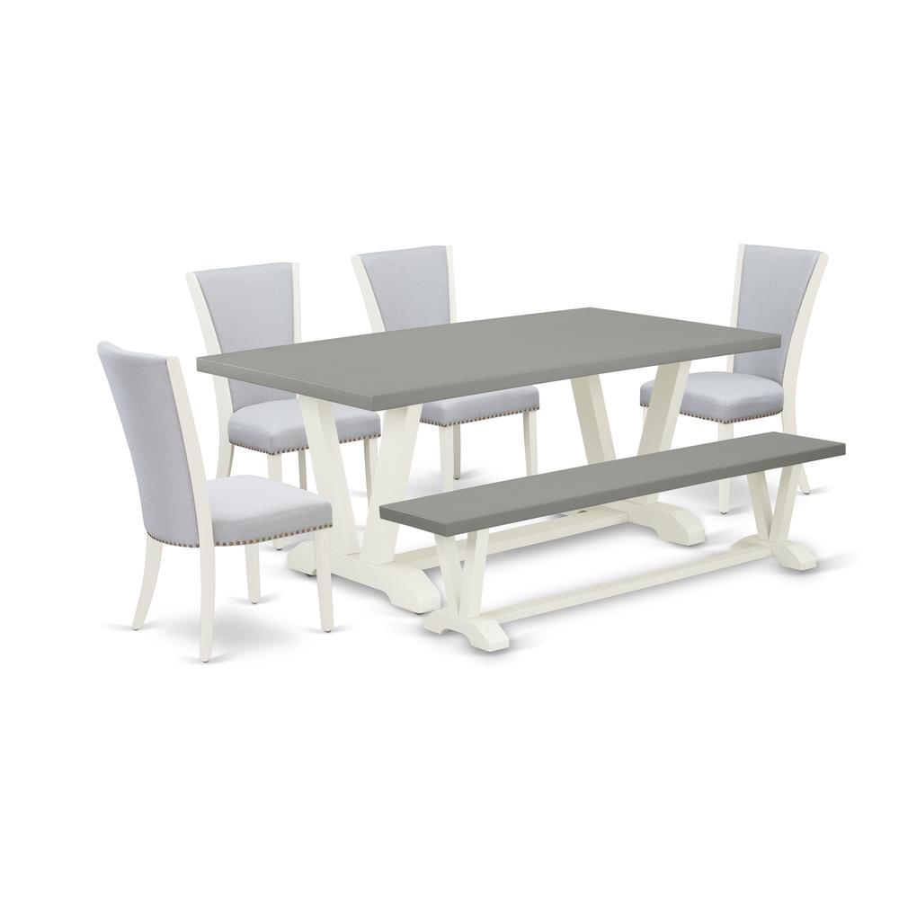 East West Furniture V097VE005-6 6 Piece Dinette Set - 4 Grey Linen Fabric Upholstered Dining Chair with Nailheads and Cement Dining Room Table - 1 Wooden Bench - Wire Brushed Linen White Finish. Picture 1