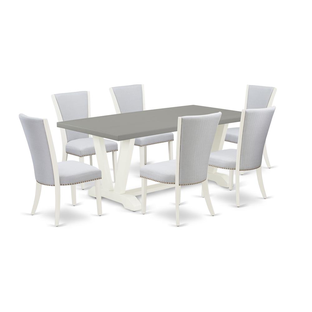 East West Furniture 7-Pc Dining Room Table Set Includes 6 Modern Chairs with Upholstered Seat and Stylish Back-Rectangular Wooden Dining Table - Cement and Wirebrushed Linen White Finish. Picture 1