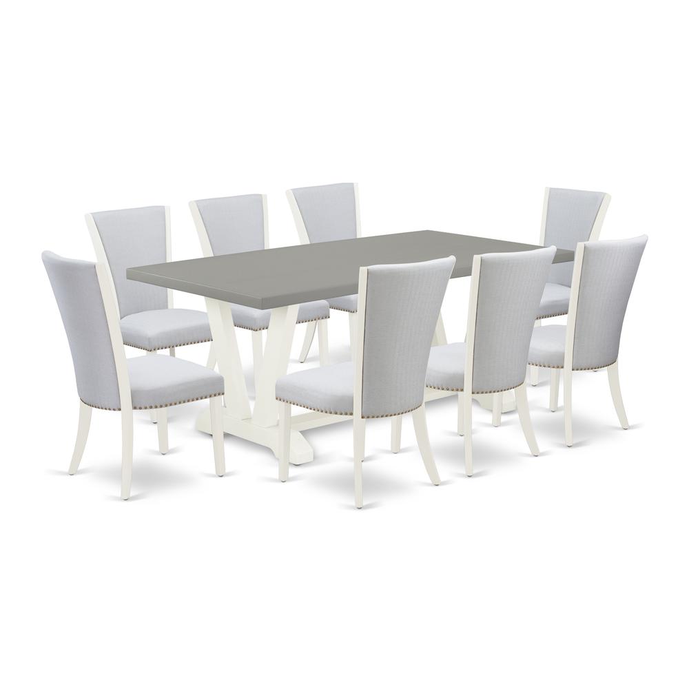 East West Furniture 9-Piece Dining Room Set Includes 8 Dining Chairs with Upholstered Seat and Stylish Back-Rectangular Dining Room Table - Cement and Wirebrushed Linen White Finish. Picture 1
