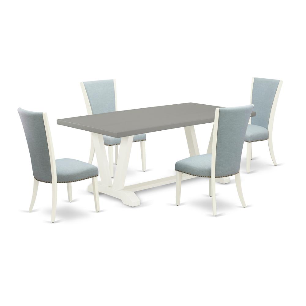 East West Furniture V097VE215-5 5 Piece Dining Room Set - 4 Baby Blue Linen Fabric Upholstered Dining Chairs with Nailheads and Cement Wooden Dining Table - Linen White Finish. Picture 1