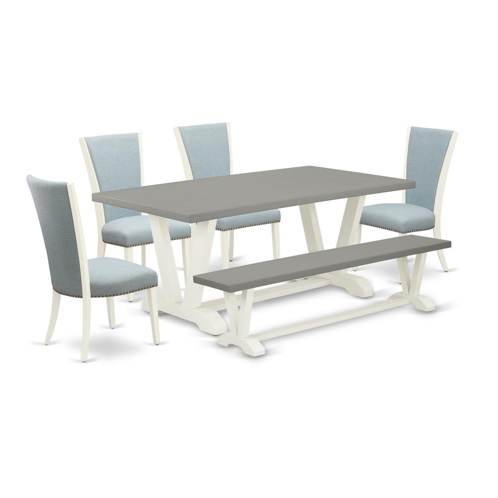 East West Furniture V097VE215-6 6 Piece Modern Dining Table Set - 4 Baby Blue Linen Fabric Comfortable Chair with Nailheads and Cement Wood Table - 1 Kitchen Bench - Linen White Finish. Picture 1