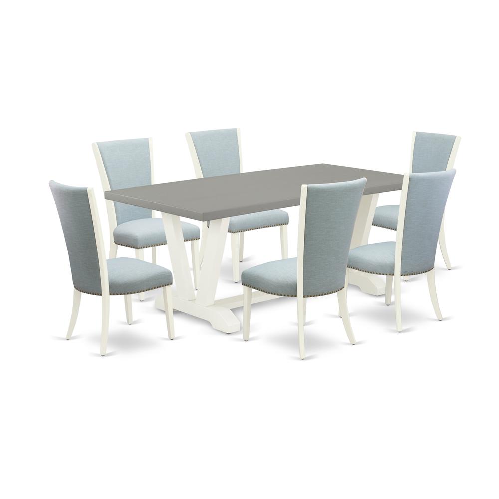 East West Furniture V097VE215-7 7 Piece Modern Dining Table Set - 6 Baby Blue Linen Fabric Parson Chairs with Nail Heads and Cement Wood Dining Table - Linen White Finish. Picture 1