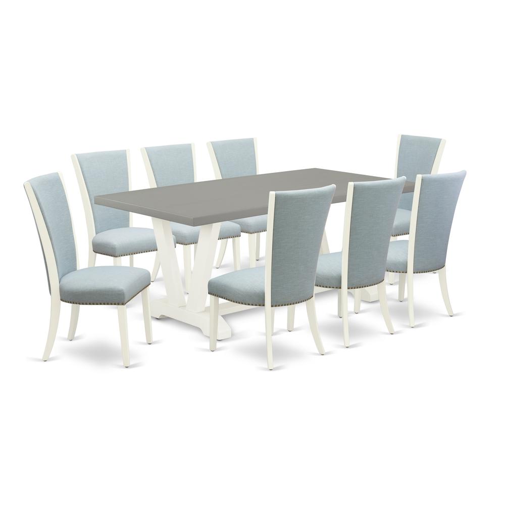East West Furniture V097VE215-9 9 Piece Kitchen Table Set - 8 Baby Blue Linen Fabric Parson Dining Room Chairs with Nail Heads and Cement Modern Dining Table - Linen White Finish. Picture 1