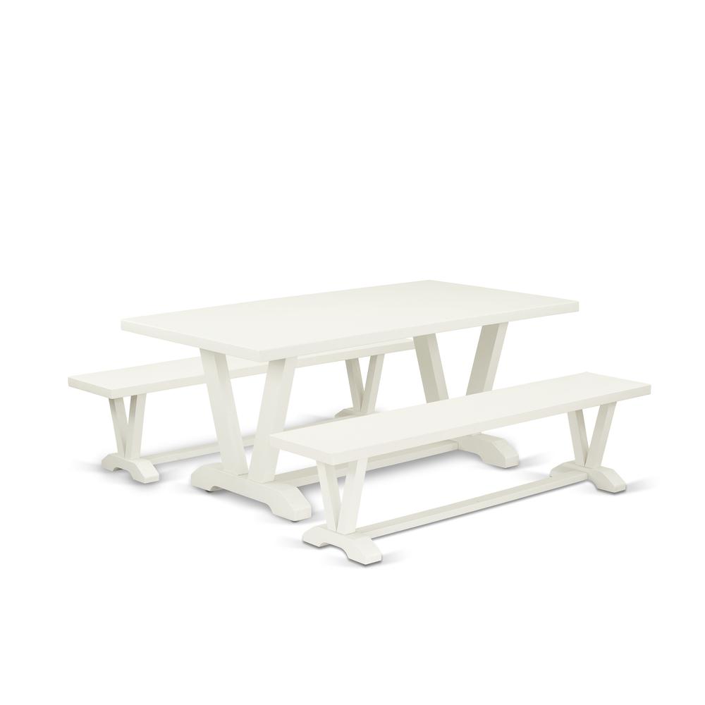 East West Furniture V2-027 3 Piece Table Set - 1 Linen White Dining Table and 2 Table Bench - Stable and Sturdy Constructed - Linen White Finish. Picture 1