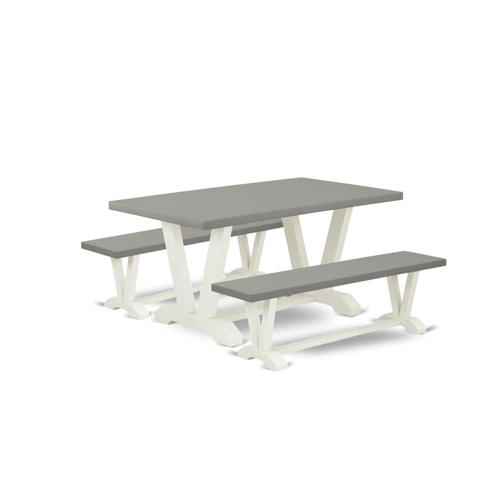 East West Furniture V2-096 3 Piece Small Dining Table Set for 4 - 1 Cement Dinning Table and 2 Kitchen Bench - Stable and Sturdy Constructed - Linen White Finish. Picture 1