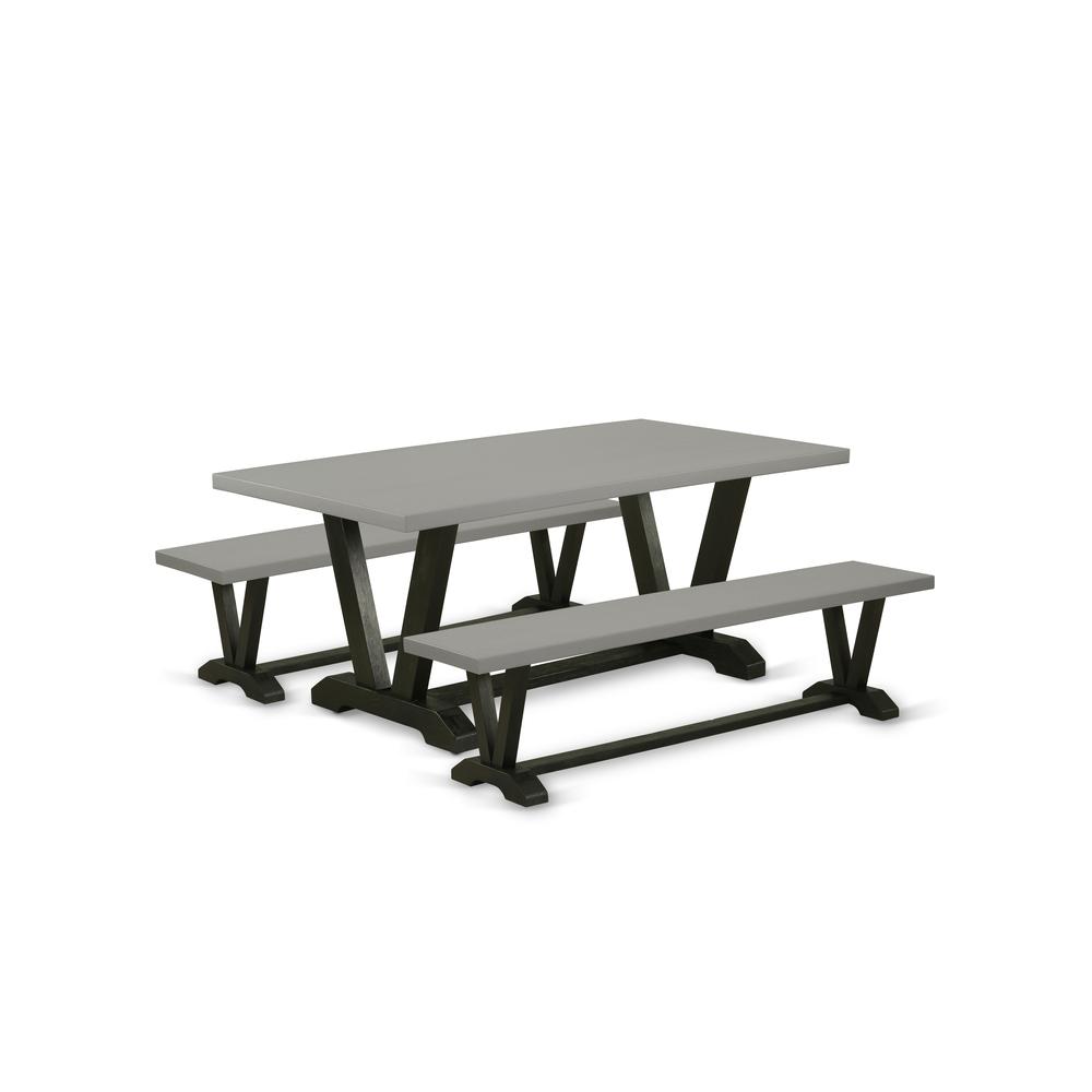East West Furniture V2-697 3 Piece Dining Table Set - 1 Cement Dining Room Table and 2 Small Benches - Stable and Sturdy Constructed - Wire Brushed Black Finish. Picture 1