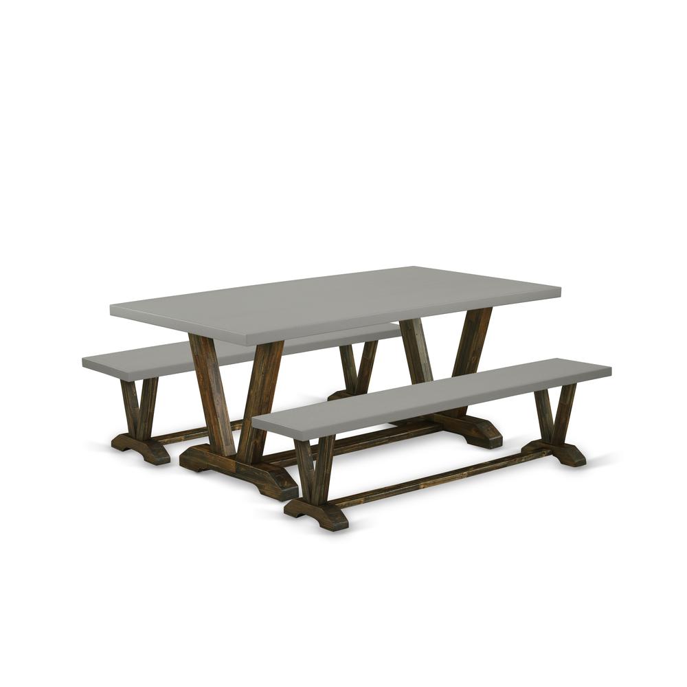 East West Furniture V2-797 3 Piece Table Set - 1 Cement Dining Table and 2 Mid Century Modern Benches - Stable and Durable Construction - Distressed Jacobean Finish. Picture 1