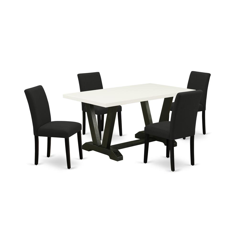 East West Furniture 5-Pc Kitchen Table Set Includes 4 Upholstered Chairs with Upholstered Seat and High Back and a Rectangular Dinner Table - Black Finish. Picture 1